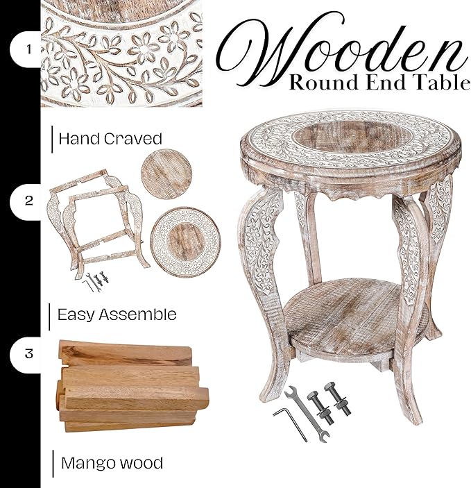 The Wooden Town Farmhouse Round Accent End Table, Rustic Side Table Nightstands - Image 4