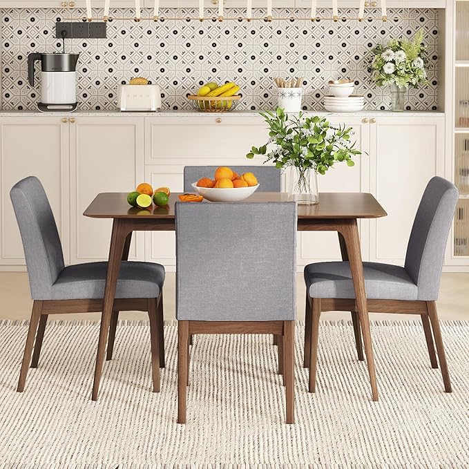 Dining Table Set for 4, Solid Rubberwood Upholstered Chairs, Mid-Century Modern - Image 3