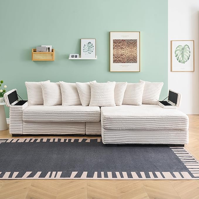 KEIKI 114" Corduroy Sofa with Cup Holders & Storage, L Shaped Sleeper Cloud - Image 2