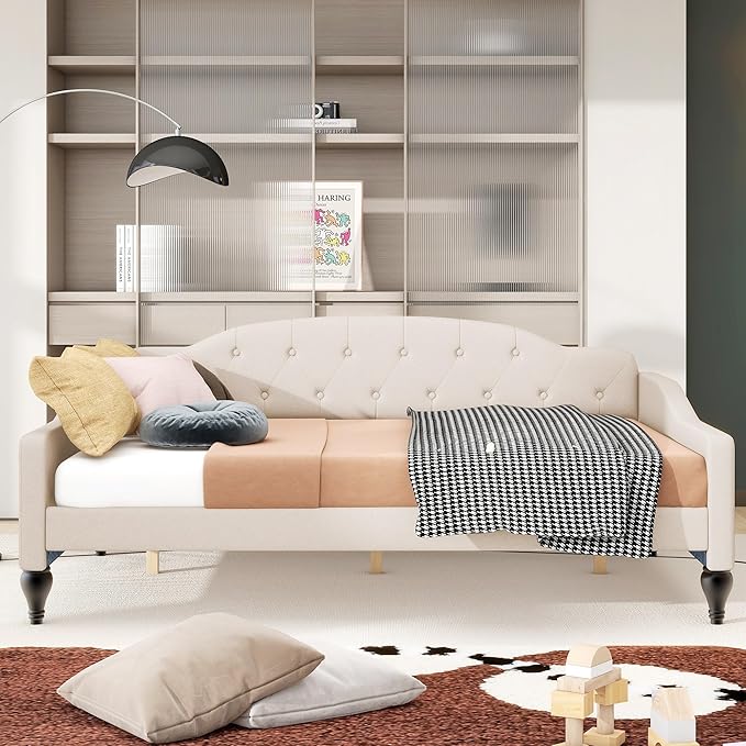 Full Size Upholstered Tufted Daybed, Linen Sofa Bed, Easy Assemble & No Box - Image 3