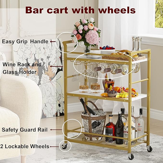 3 Tier Bar Cart, Home Bar Serving Cart - Image 6