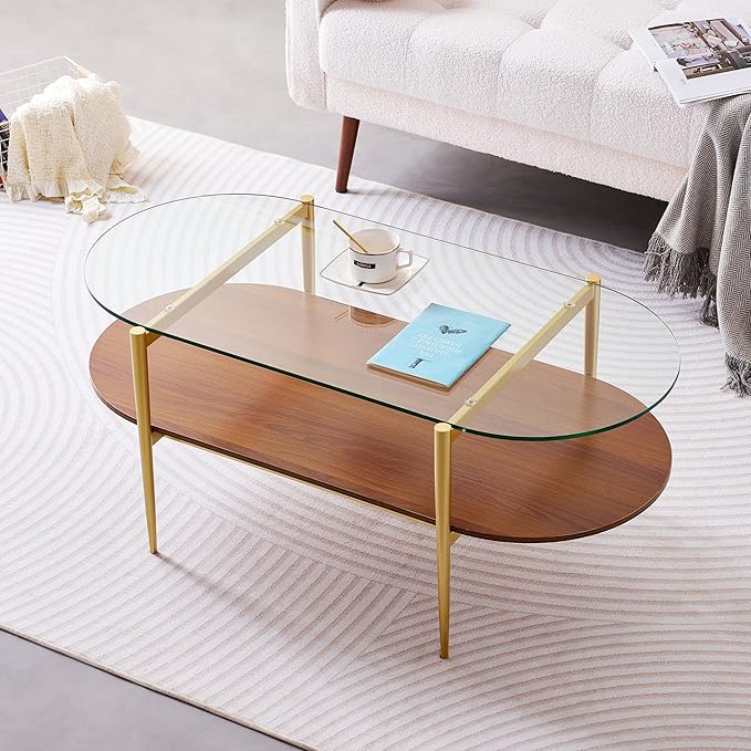 Oval Glass Coffee Table, Mid-Century Modern Design, L41 x W21 x H17 inch by LumFurn