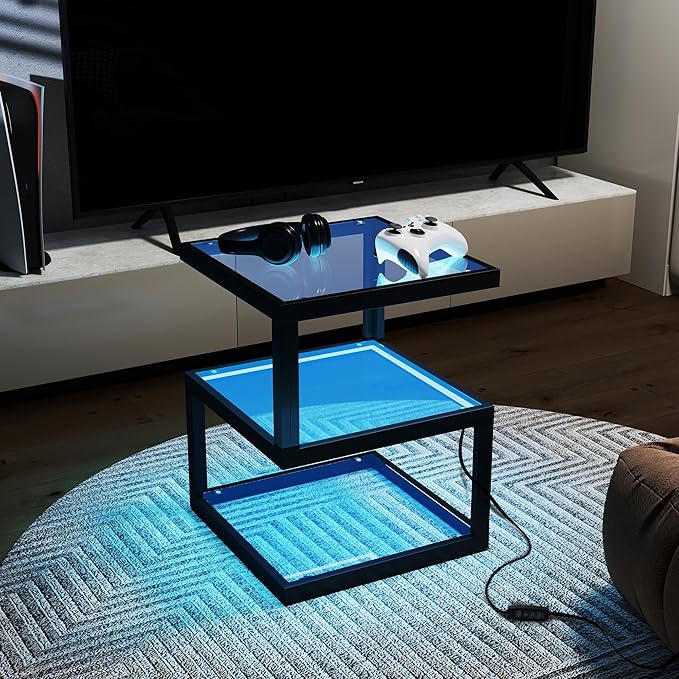 3-Tier Glass Table with LED Strip, Unique S-Shaped Design SideTable, Moderen - Image 7