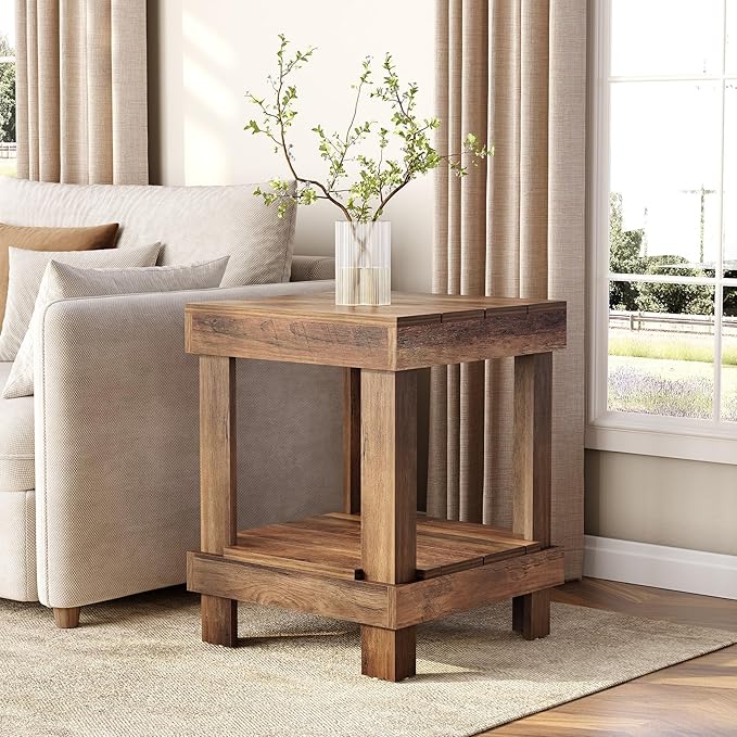 LITTLE TREE End Table Set of 2, All Wooden 2-Tier Square Side Table - Image 5