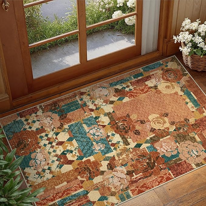 GENIMO Area Rug 2x3 Doormat, Machine Washable Low Pile Rugs, Small Floral by GENIMO