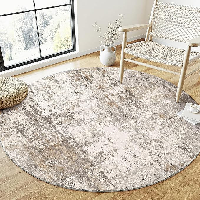 3x3 Washable Round Rug Brown Grey Neutral Abstract Entryway Non Slip Low Pile - Image 3