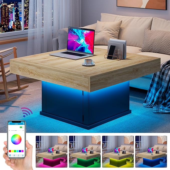 LED Coffee Tables for Living Room, Farmhouse Wood Coffee Table, 33.5" Square - Image 3