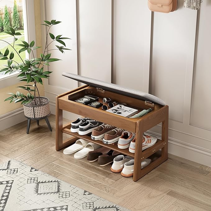 Shoe Rack Bench with Cotton-Linen Cushion 2-Tier Wooden Storage Bench 550lbs by IUNVR