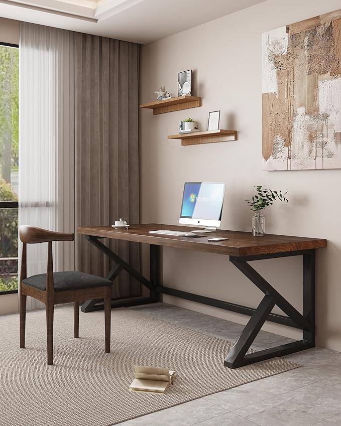 Solid Wood Computer Desk, Rustic Style 55-inch Large Office Desk- Modern Gaming - Image 3