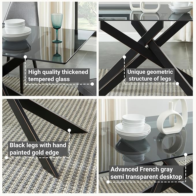 Modern Style Dining Table with Gray Tempered Glass Top and Black Metal Tubular - Image 4