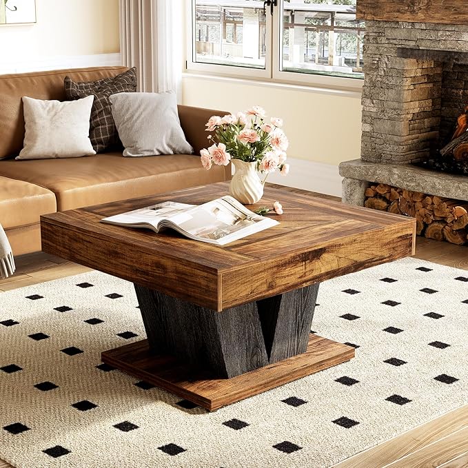 LITTLE TREE Square Coffee Table, Modern Rustic Coffee Table - Image 4