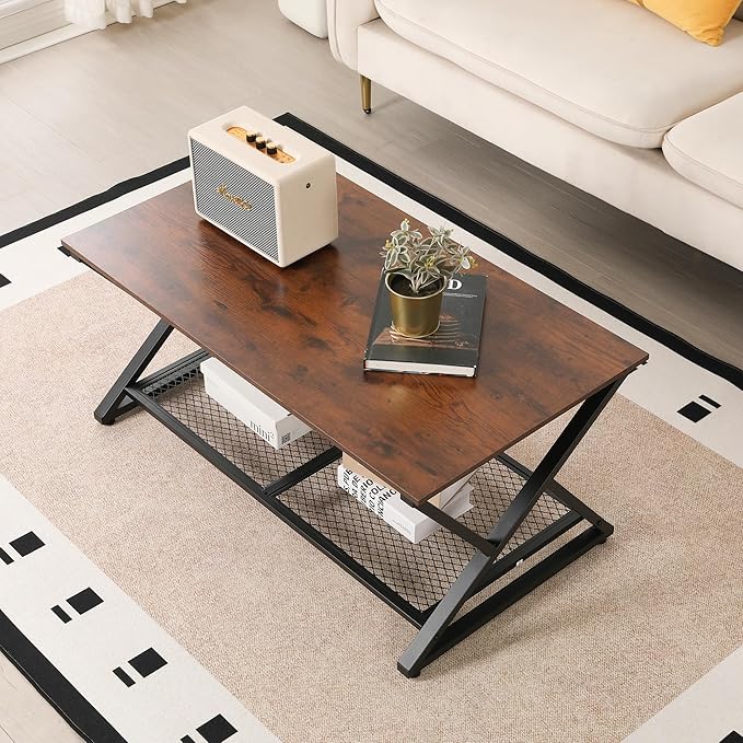 SENIG Coffee Table with Storage Shelf, Industrial Metal Wood Living Room Tables - Image 7