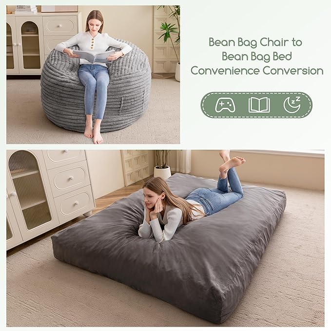 Giant Bean Bag Chair Bed for Adults, Convertible Beanbag Folds from Lazy Chair - Image 3