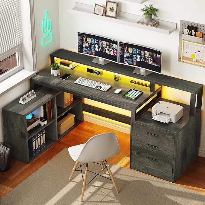 DWVO L Shaped Desk with Drawers, Corner Home Office Desk with Storage Shelves & by DWVO