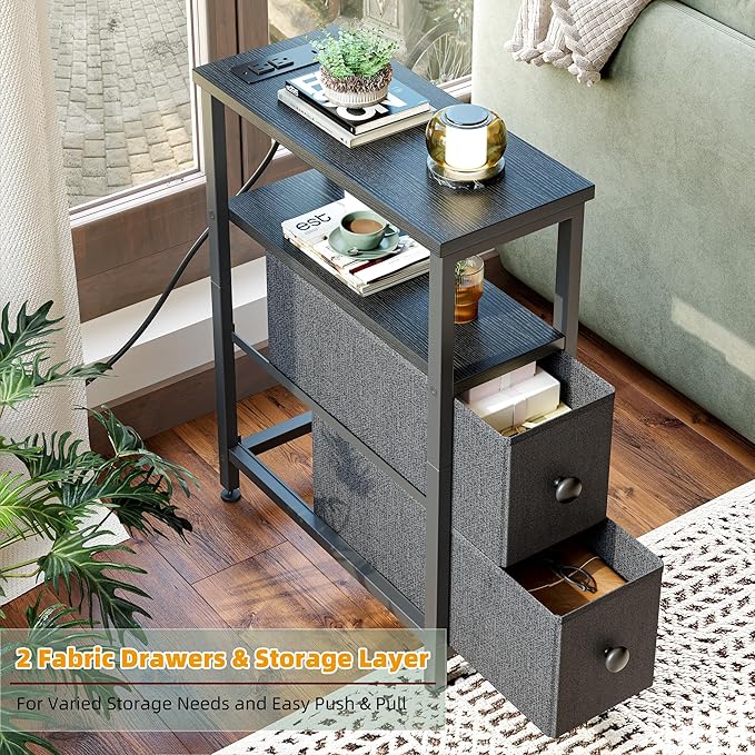 TIQLAB End Table with Charging Station, Narrow Side Table with 2 Fabric Drawers - Image 6