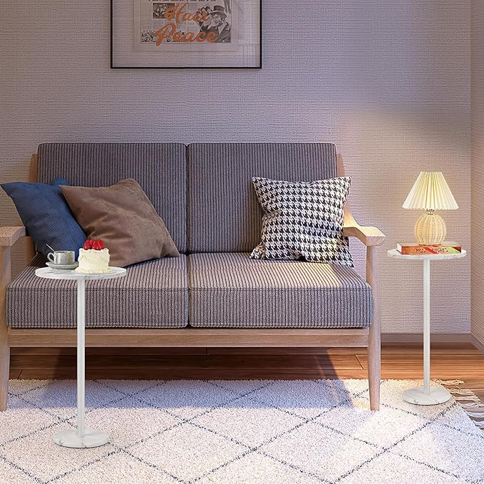 White Round Side Table Small End Table Set of 2 Modern Accent Table Pedestal - Image 7