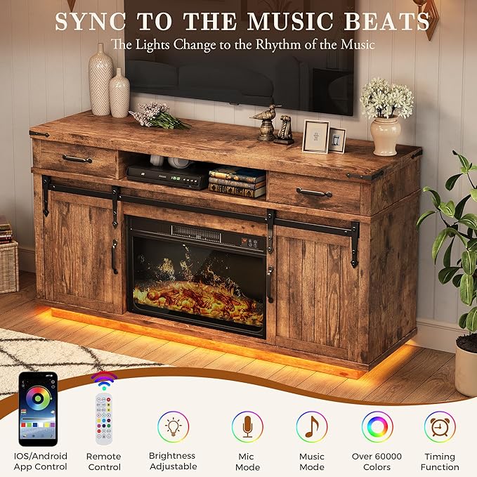 59'' Fireplace TV Stand with 3D Flame Electric Fireplace Heater, Entertainment - Image 7