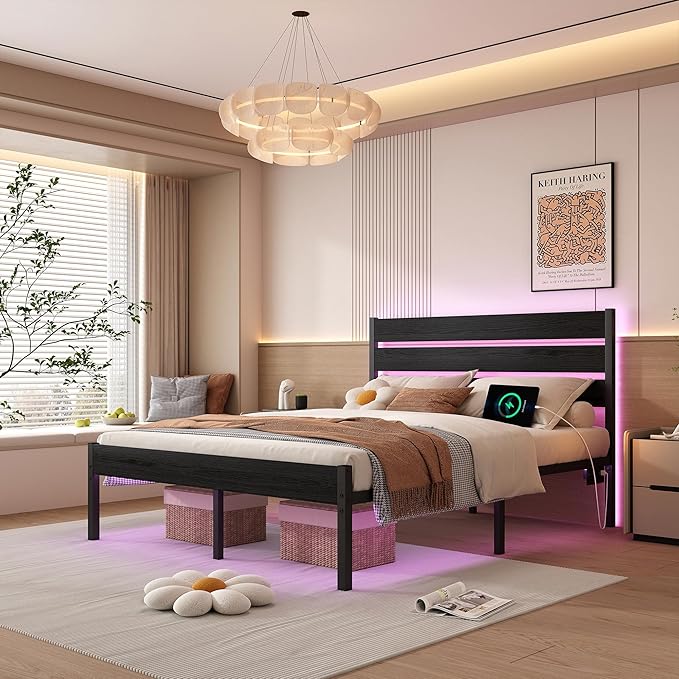 Full Size Bed Frame with Headboard, Heavy Duty LED Bed Frame with USB Charging - Image 7