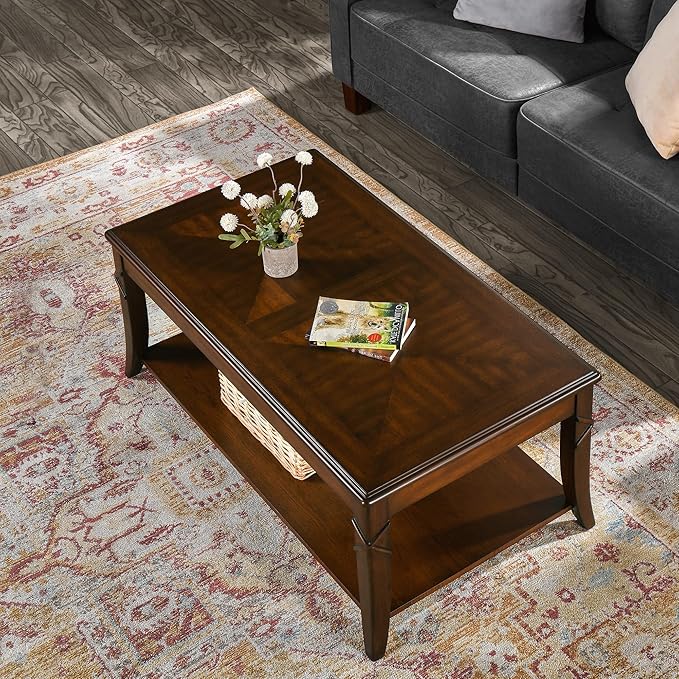 Solid Wood Coffee Table with Storage Shelf, Rectangle Coffee Table - Image 9