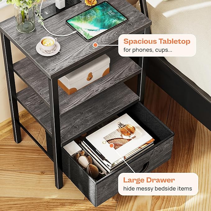 SUPERJARE Nightstand with Charging Station, Bed Side Table with Adjustable - Image 5