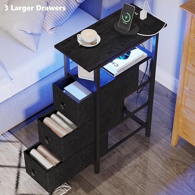 End Table with Charging Station, Narrow Side Table with 3 Fabric Drawers - Image 6