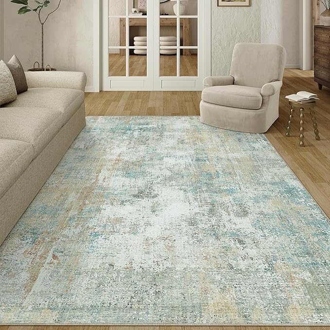 6x9 Washable Area Rug Teal Beige Modern Neutral Abstract Living Room Bedroom - Image 4