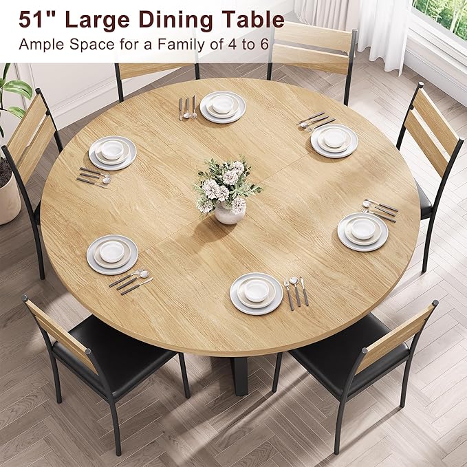 51'' Round Dining Table for 6, Kitchen Dining Room Circle Dinner Pedestal Table - Image 6