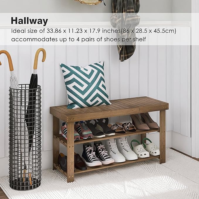 SMIBUY Bamboo Shoe Rack Bench, 3-Tier Shoe Organizer Storage Shelf - Image 3