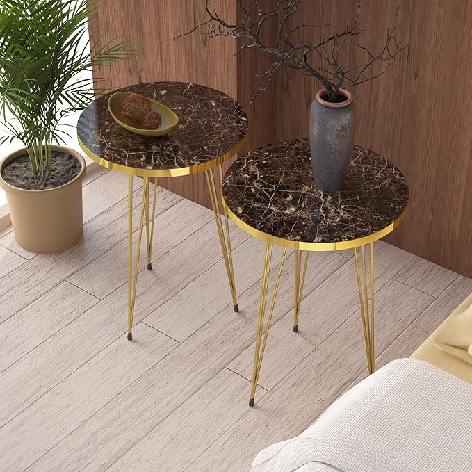 PAK HOME Set of 2 High Gloss Brown Marble Look End Tables Round Wood Sofa Side by PAKHOME