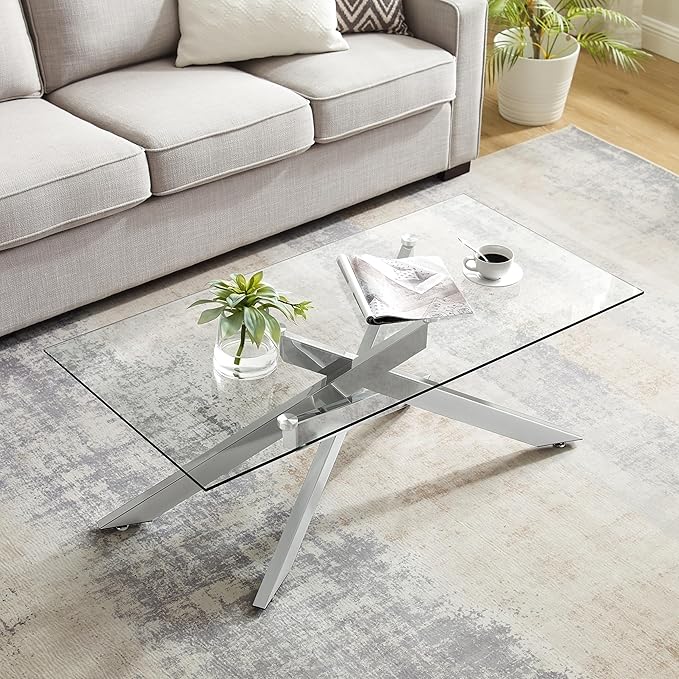 Rectangle Modern Coffee Table, Tempered Glass Top and Metal Tubular Leg - Image 7