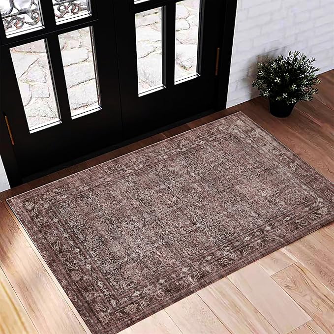 Washable Area Rug 2'x3' Door Mat Vintage Distressed Doormat Indoor Entrance by CHAMPLANT
