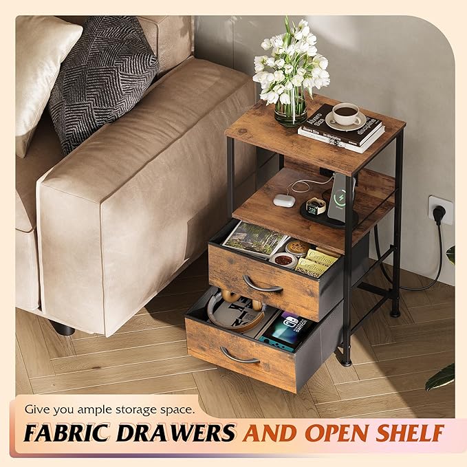 WLIVE Night Stand with Charging Station, LED Nightstand with 2 Fabric Drawers - Image 6