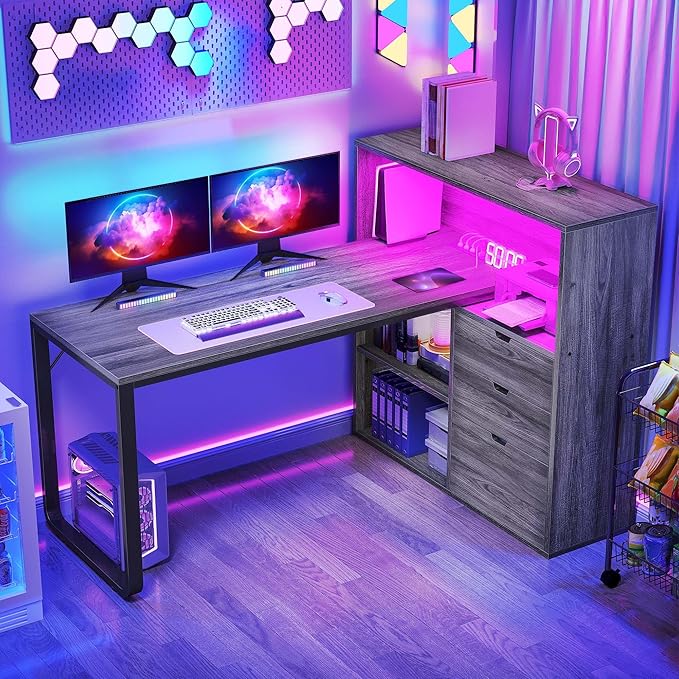 DWVO L Shaped Desk with Drawers, Home Office Desk with Storage Shelves by DWVO