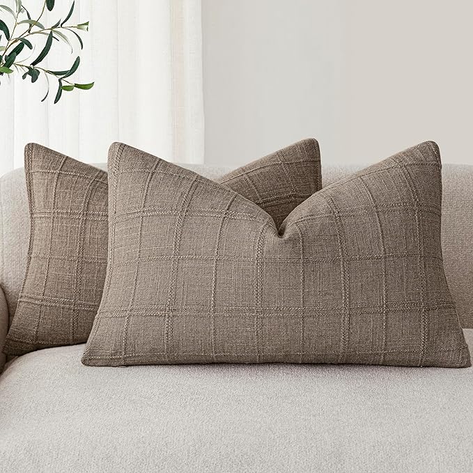 Foindtower Set of 2 Decorative Linen Check Throw Pillow Covers Neutral by Foindtower
