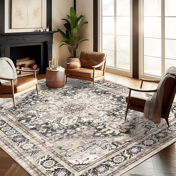 Washable Area Rug 8'x10' Black-Purple Khaki Retro Boho Design Non-Shedding by CHAMPLANT