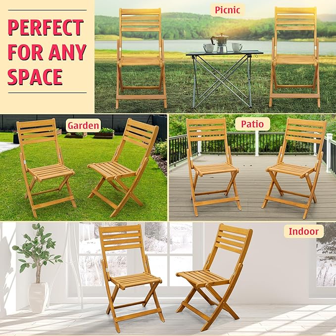 Tranquillo Anya Acacia Wood Folding Chairs Set of 2 – 400lbs Capacity, No - Image 2
