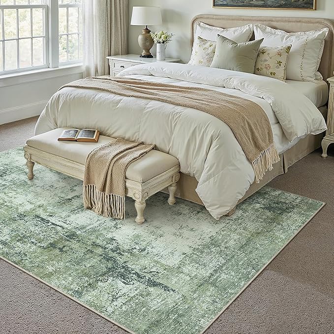 6x9 Washable Area Rug Dark Green Modern Neutral Abstract Living Room Bedroom by WondRg