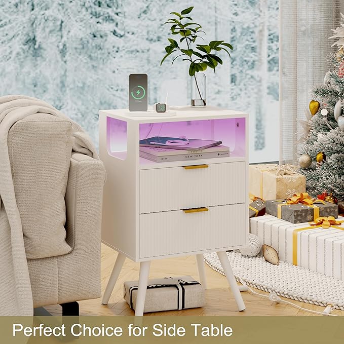 White Nightstand with Charging Station and LED Lights, Modern Bedside Table - Image 8
