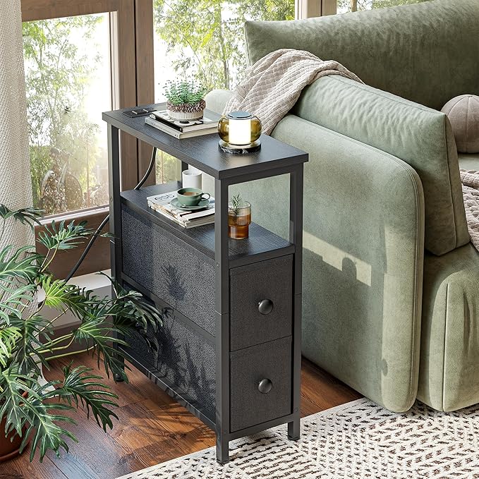 TIQLAB End Table with Charging Station, Narrow Side Table with 2 Fabric Drawers - Image 2