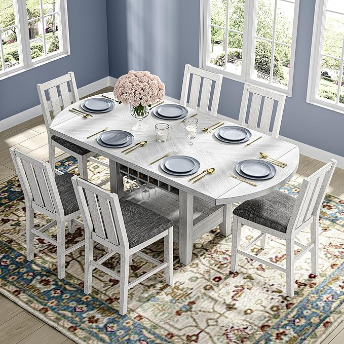Solid Wood Dining Table Set for 6, Modern Breakfast Dinette Expandable Drop by Peatuk