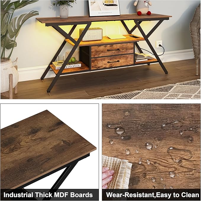TV Stand with Power Outlet and LED Lights, Fits TVs up to 65”, 2 Fabric Drawers - Image 8