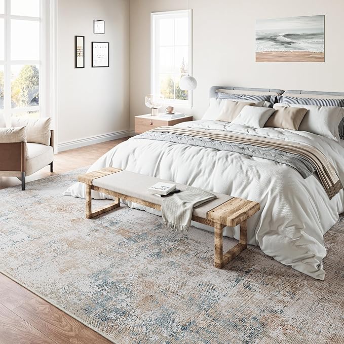 9x12 Washable Area Rug Beige Blue Neutral Abstract Living Room Bedroom Large - Image 3