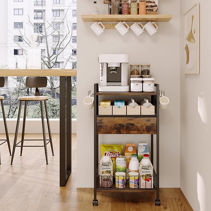 Small Coffee Bar Cart with Drawer Srorage, Coffee Bar Station Organizer Mug Cup - Image 6