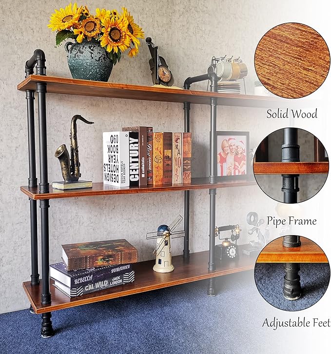 3 Tier Long Industrial Bookshelf, 3 Realwood Industrial Pipe Bookshelf - Image 4