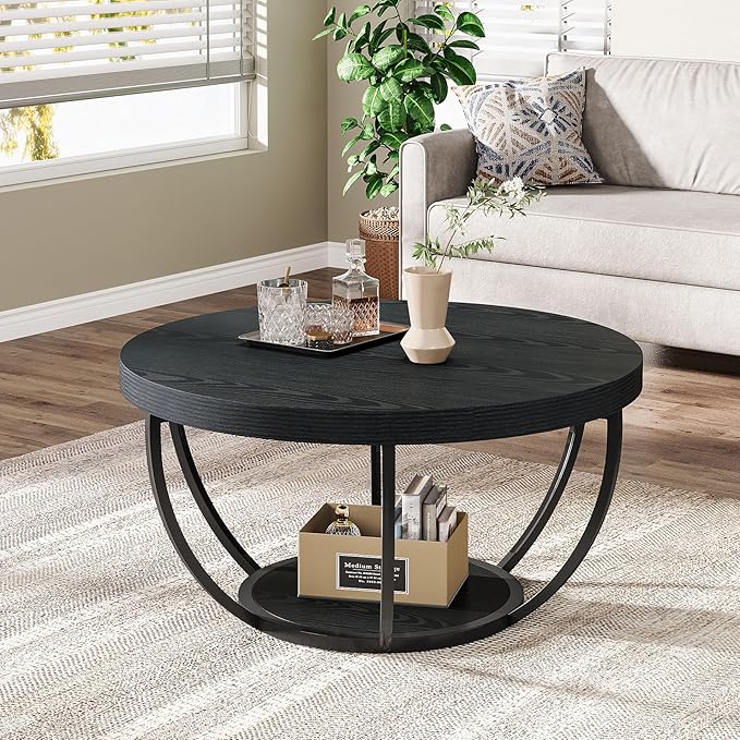 Tribesigns Black Round Coffee Table, 31.7" Modern 2-Tier Circle Coffee Table - Image 3