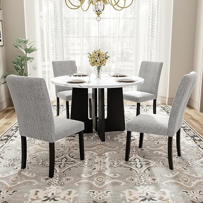 Merax 5-Piece Round Dining Table Set, Modern 4 Upholstered Chairs by Merax