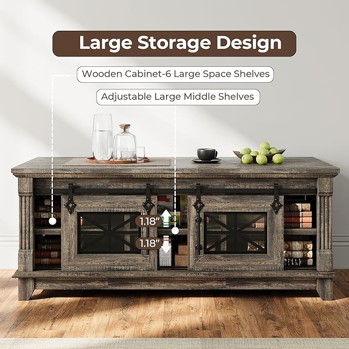 IRONCK 48'' Coffee Table with Sliding Barn Doors, Rustic Center Table with 6 - Image 3