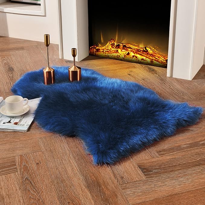 duduta Navy Blue Faux Sheepskin Throw Rug 2x3 ft, Fluffy Shag Fur Chair Cover by Duduta
