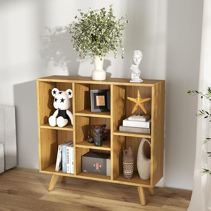 Manora Bookshelf with 7 Open Storage Cubes, Wooden Bookcase Organizer, Rustic - Image 5