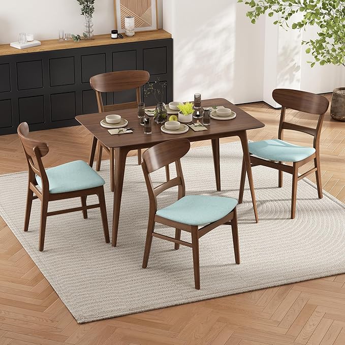 Set of 2 Solid Wood Dining Chairs, Fabric Upholstered Seat Mid-Century Modern - Image 3